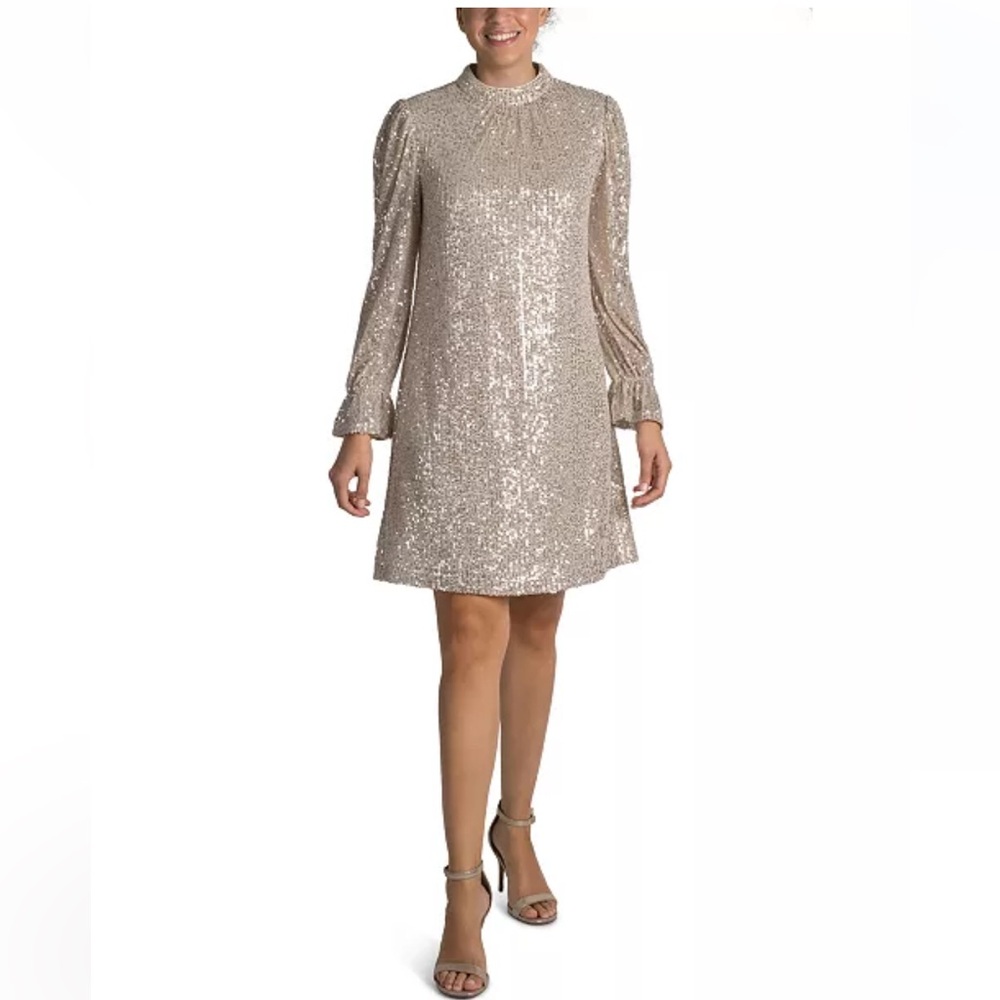 Julia Jordan Gold Sequin Bell Sleeve Sheath Dress